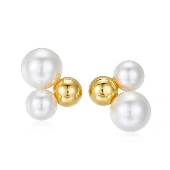 Boutique Jewelry - Pearl Gold Ball Cluster Stud Earrings 14K Gold Plated Stainless Steel